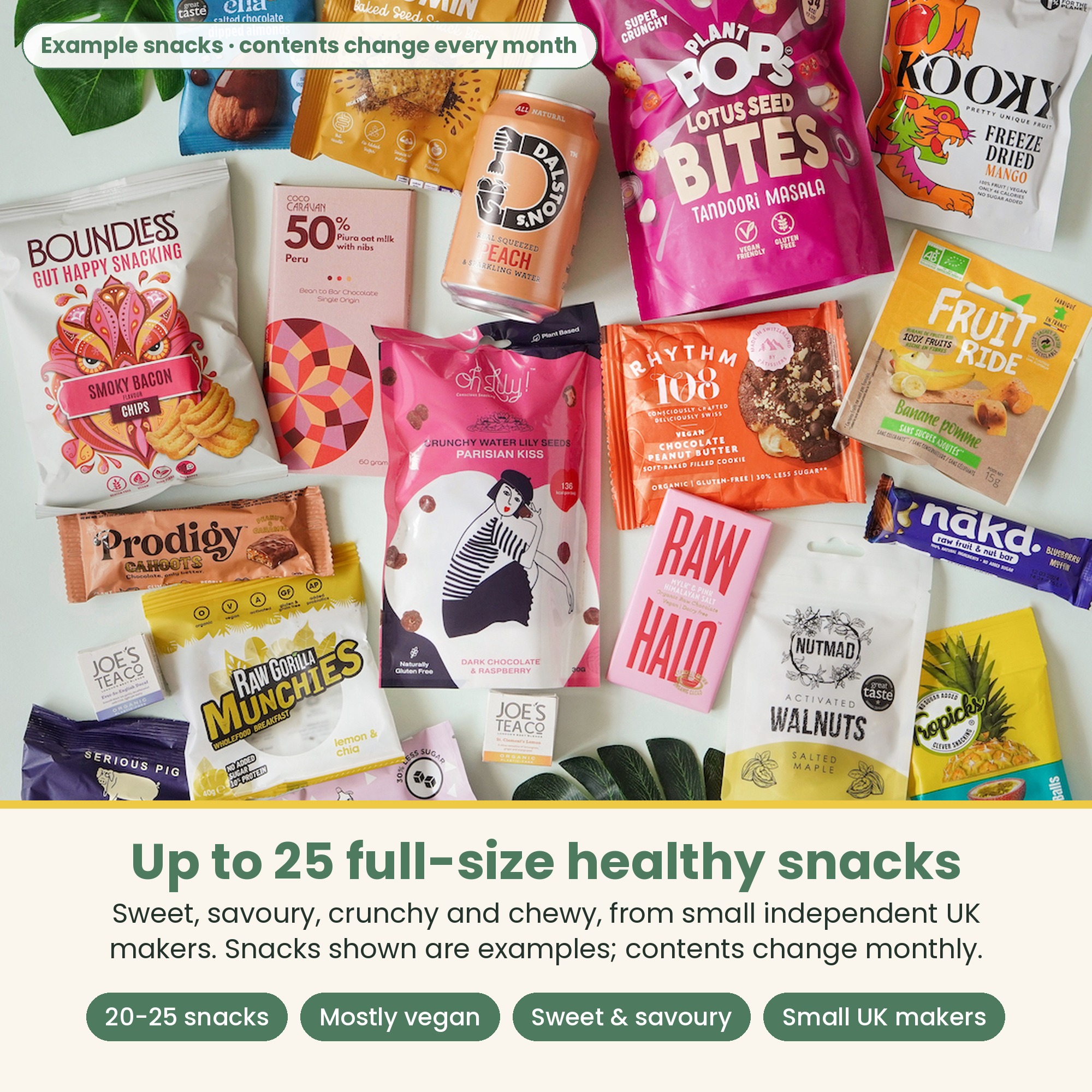 Up to 25 full-size healthy snacks from small independent UK makers, sweet and savoury